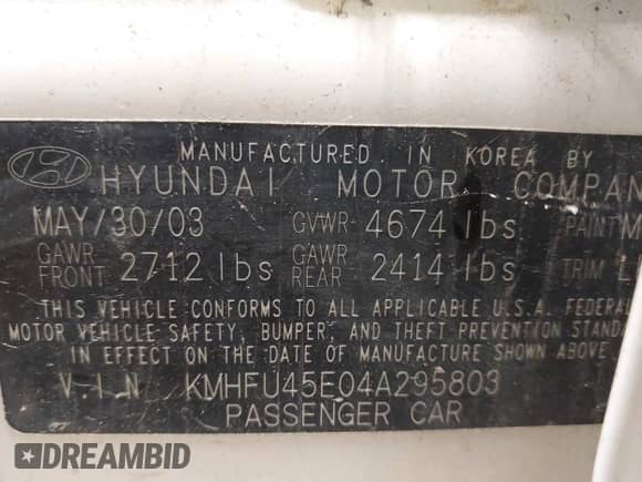 2004 Hyundai XG с VIN KMHFU45E04A295803, выставлен на аукционе IAAI как лот 42394696 с пробегом 139 658 миль миль и . История ставок и продаж доступна на DreamBid. Изображение 9.