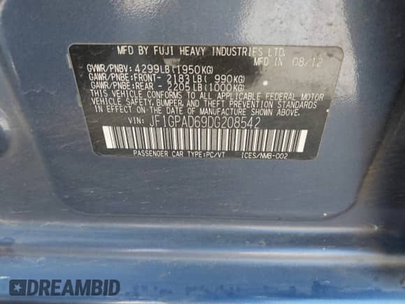 2013 Subaru Impreza Premium with VIN JF1GPAD69DG208542, listed as a IAAI auction lot 42338791 with 177,288 mi miles and . Bid and sale history available at DreamBid. Image 9.