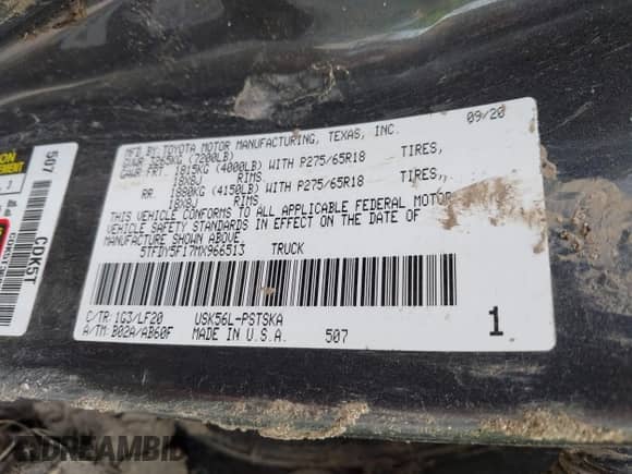 2021 Toyota Tundra SR5 with VIN 5TFDY5F17MX966513, listed as a IAAI auction lot 42839606 with Not provided miles and . Bid and sale history available at DreamBid. Image 9.