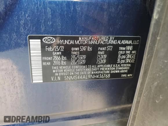 2022 Hyundai Santa Fe Limited с VIN 5NMS44AL9NH436768, выставлен на аукционе Copart как лот 66802545 с пробегом 49 058 миль миль и Списание • Salvage title. История ставок и продаж доступна на DreamBid. Изображение 12.