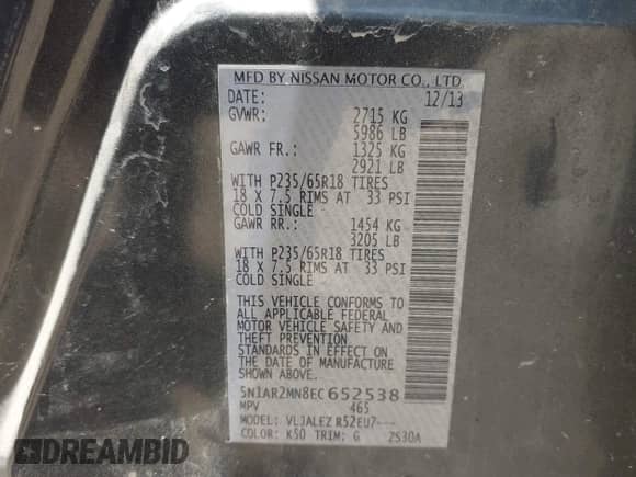 2014 Nissan Pathfinder SL with VIN 5N1AR2MN8EC652538, listed as a IAAI auction lot 42553208 with 123,193 mi miles and . Bid and sale history available at DreamBid. Image 9.