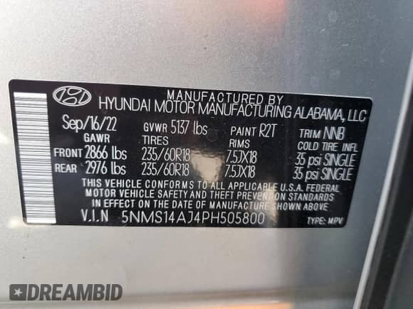 2023 Hyundai Santa Fe SE with VIN 5NMS14AJ4PH505800, listed as a Copart auction lot 71064905 with 26,764 mi miles and Salvage title. Bid and sale history available at DreamBid. Image 13.