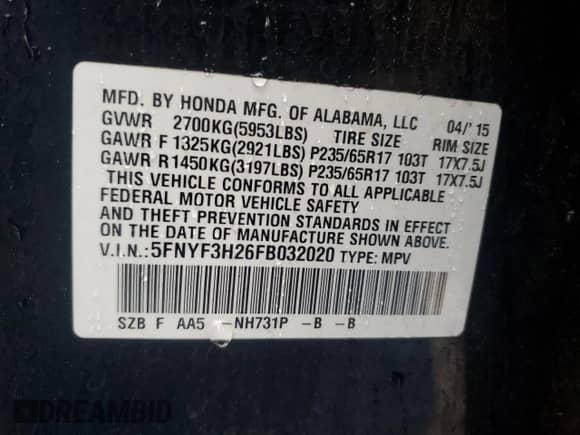 2015 Honda Pilot LX с VIN 5FNYF3H26FB032020, выставлен на аукционе Copart как лот 70134795 с пробегом 116 295 миль миль и Списание • Salvage title. История ставок и продаж доступна на DreamBid. Изображение 13.