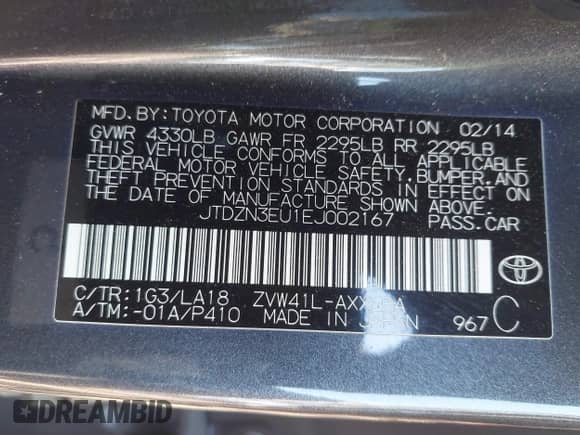 2014 Toyota Prius Two z VIN JTDZN3EU1EJ002167, wystawiony jako IAAI lot #43061406 z przebiegiem 166 225 mil mil oraz . Historia ofert i sprzedaży dostępna na DreamBid. Obrazek 9.