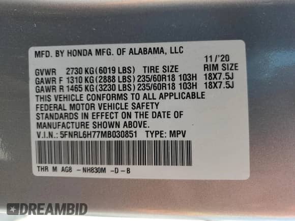 2021 Honda Odyssey EX-L с VIN 5FNRL6H77MB030851, выставлен на аукционе Copart как лот 69000905 с пробегом 60 355 миль миль и Списание • Salvage title. История ставок и продаж доступна на DreamBid. Изображение 13.