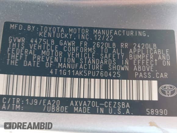 2023 Toyota Camry SE с VIN 4T1G11AK5PU760425, выставлен на аукционе IAAI как лот 42372394 с пробегом 201 407 миль миль и . История ставок и продаж доступна на DreamBid. Изображение 9.