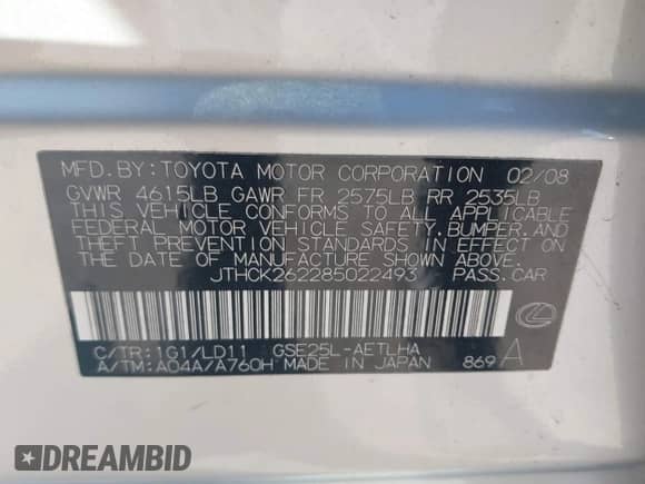 2008 Lexus IS 250 с VIN JTHCK262285022493, выставлен на аукционе IAAI как лот 43455639 с пробегом 188 038 миль миль и . История ставок и продаж доступна на DreamBid. Изображение 9.