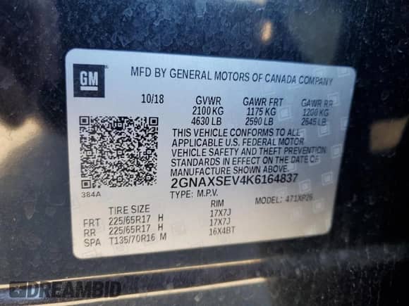 2019 Chevrolet Equinox LS with VIN 2GNAXSEV4K6164837, listed as a Copart auction lot 86873595 with 121,564 mi miles and Salvage title. Bid and sale history available at DreamBid. Image 14.