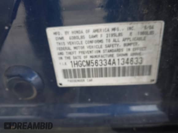 2004 Honda Accord LX с VIN 1HGCM56334A134633, выставлен на аукционе IAAI как лот 43544899 с пробегом 225 634 миль миль и . История ставок и продаж доступна на DreamBid. Изображение 9.