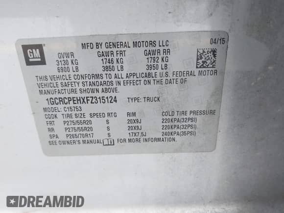2015 Chevrolet Silverado 1500 LS with VIN 1GCRCPEHXFZ315124, listed as a IAAI auction lot 42039339 with 254,721 mi miles and . Bid and sale history available at DreamBid. Image 9.