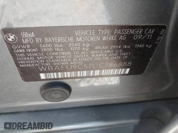 2012 BMW 5 Series 550i xDrive with VIN WBAFU9C57CC786888, listed as a IAAI auction lot 42733140 with 127,659 mi miles and . Bid and sale history available at DreamBid. Image 9.