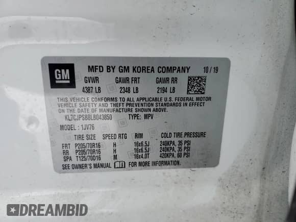 2020 Chevrolet Trax LT with VIN KL7CJPSB8LB043850, listed as a Copart auction lot 45552715 with 19,236 mi miles and Salvage title. Bid and sale history available at DreamBid. Image 15.