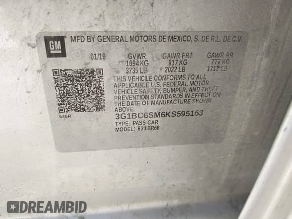 2019 Chevrolet Cruze LS with VIN 3G1BC6SM6KS595153, listed as a IAAI auction lot 41944430 with 81,491 mi miles and . Bid and sale history available at DreamBid. Image 9.