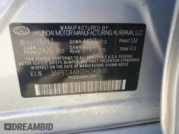 2013 Hyundai Sonata SE с VIN 5NPEC4AB0DH748681, выставлен на аукционе Copart как лот 68952425 с пробегом 49 519 миль миль и Списание • Salvage title. История ставок и продаж доступна на DreamBid. Изображение 12.