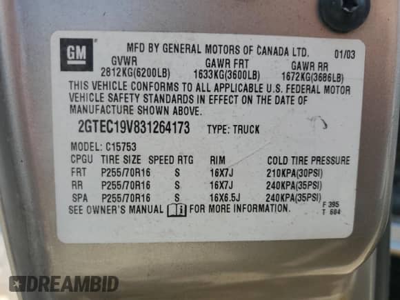 2003 GMC Sierra 1500 SLE with VIN 2GTEC19V831264173, listed as a Copart auction lot 63995235 with Not provided miles and Salvage title. Bid and sale history available at DreamBid. Image 12.