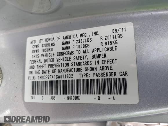 2012 Honda Accord LX Premium with VIN 1HGCP2F41CA011832, listed as a IAAI auction lot 43539428 with Not provided miles and . Bid and sale history available at DreamBid. Image 9.