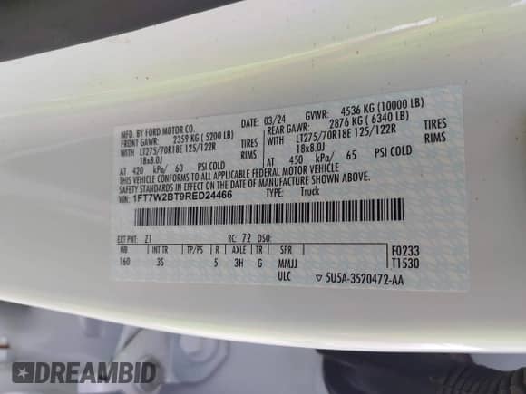 2024 Ford F-250 XL z VIN 1FT7W2BT9RED24466, wystawiony jako IAAI lot #43134949 z przebiegiem 44 249 mil mil oraz . Historia ofert i sprzedaży dostępna na DreamBid. Obrazek 9.