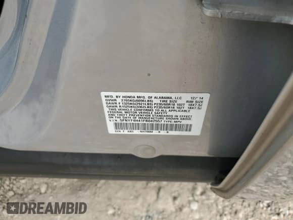 2015 Honda Pilot EX с VIN 5FNYF4H41FB042557, выставлен на аукционе Copart как лот 82112235 с пробегом 156 530 миль миль и Списание • Salvage title. История ставок и продаж доступна на DreamBid. Изображение 13.