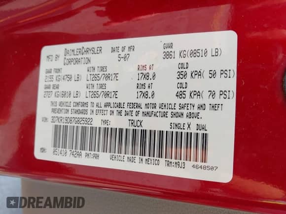 2007 Dodge 1500 SLT z VIN 3D7KR19D87G825922, wystawiony jako IAAI lot #42389240 z przebiegiem 203 026 mil mil oraz . Historia ofert i sprzedaży dostępna na DreamBid. Obrazek 9.