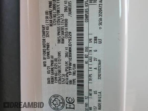 2021 Ford F-150 XL с VIN 1FTFW1E89MKD75229, выставлен на аукционе Copart как лот 82189435 с пробегом 86 867 миль миль и Списание • Salvage title. История ставок и продаж доступна на DreamBid. Изображение 12.