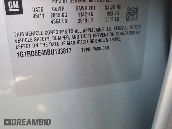 2011 Chevrolet Volt с VIN 1G1RD6E45BU103817, выставлен на аукционе Copart как лот 81647225 с пробегом 65 426 миль миль и Списание • Salvage title. История ставок и продаж доступна на DreamBid. Изображение 12.