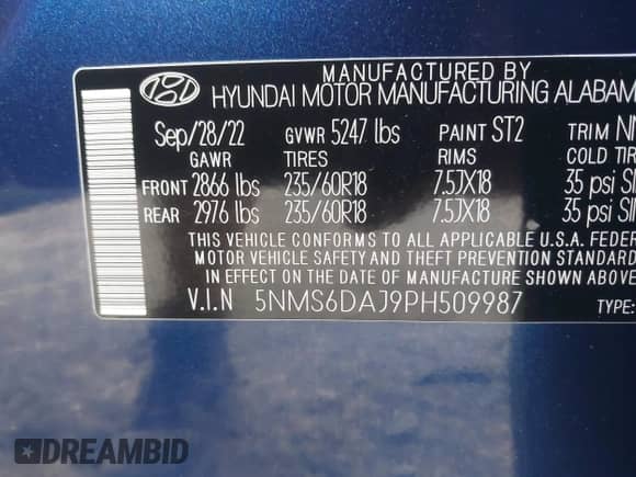 2023 Hyundai Santa Fe XRT with VIN 5NMS6DAJ9PH509987, listed as a IAAI auction lot 42975001 with 25,625 mi miles and . Bid and sale history available at DreamBid. Image 9.