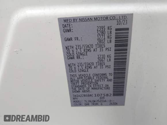 2024 Nissan Murano SV with VIN 5N1AZ2BS6RC107582, listed as a IAAI auction lot 42574994 with 10,996 mi miles and . Bid and sale history available at DreamBid. Image 9.