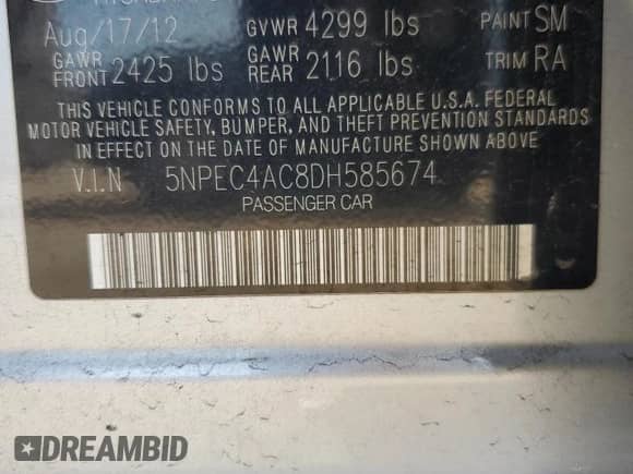 2013 Hyundai Sonata SE с VIN 5NPEC4AC8DH585674, выставлен на аукционе Copart как лот 71251365 с пробегом 206 358 миль миль и На запчасти • Non repairable. История ставок и продаж доступна на DreamBid. Изображение 12.