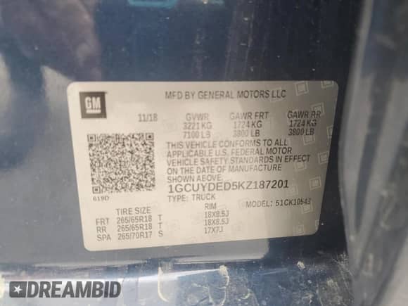 2019 Chevrolet Silverado 1500 LT z VIN 1GCUYDED5KZ187201, wystawiony jako Copart lot #71701555 z przebiegiem 162 552 mil mil oraz Szkoda całkowita • Salvage title. Historia ofert i sprzedaży dostępna na DreamBid. Obrazek 13.