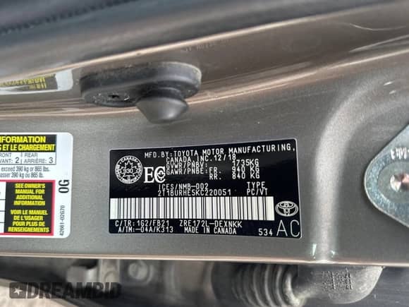 2019 Toyota Corolla L с VIN 2T1BURHE5KC220051, выставлен на аукционе Copart как лот 84247655 с пробегом 196 200 миль миль и Чистый • Clean title. История ставок и продаж доступна на DreamBid. Изображение 10.