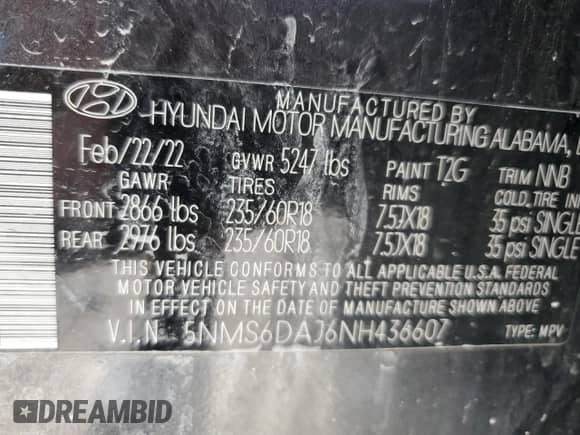 2022 Hyundai Santa Fe XRT with VIN 5NMS6DAJ6NH436607, listed as a Copart auction lot 62814685 with 50,322 mi miles and Non repairable. Bid and sale history available at DreamBid. Image 13.