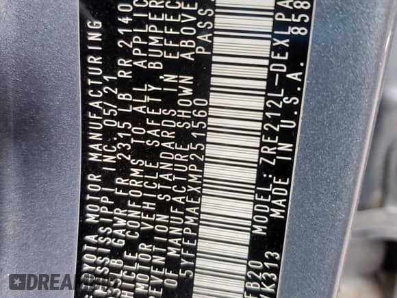 2021 Toyota Corolla LE с VIN 5YFEPMAEXMP251560, выставлен на аукционе Copart как лот 70295015 с пробегом 61 367 миль миль и Списание • Salvage title. История ставок и продаж доступна на DreamBid. Изображение 13.