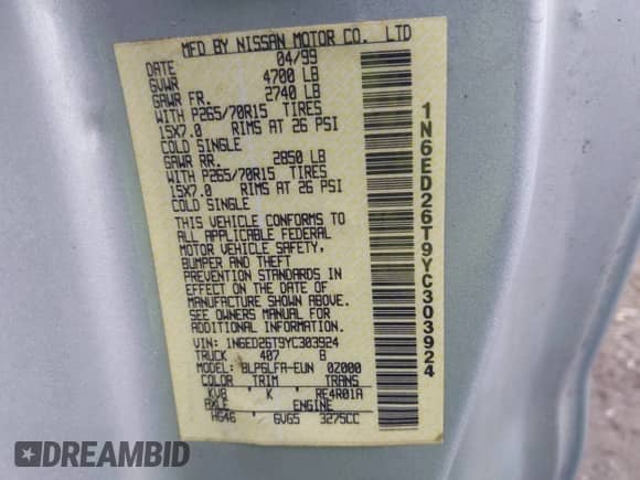 2000 Nissan Frontier XE with VIN 1N6ED26T9YC303924, listed as a IAAI auction lot 43309707 with 161,653 mi miles and . Bid and sale history available at DreamBid. Image 9.