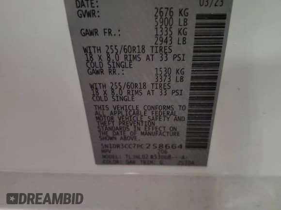 2023 Nissan Pathfinder SL с VIN 5N1DR3CC7PC258664, выставлен на аукционе Copart как лот 68353605 с пробегом Не указан миль и Списание • Salvage title. История ставок и продаж доступна на DreamBid. Изображение 13.