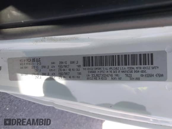 2019 Ram 1500 Tradesman with VIN 3C6JR6DT1KG546748, listed as a IAAI auction lot 41478969 with 53,139 mi miles and . Bid and sale history available at DreamBid. Image 9.