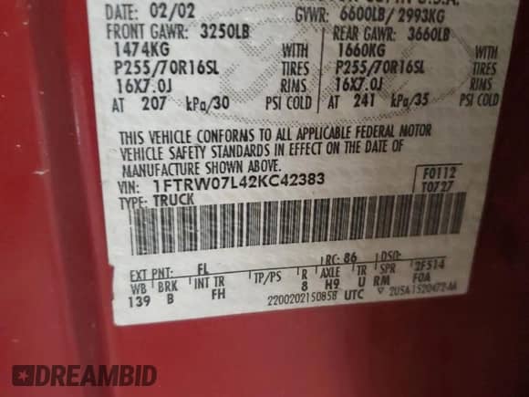 2002 Ford F-150 XLT с VIN 1FTRW07L42KC42383, выставлен на аукционе Copart как лот 67435455 с пробегом 237 921 миль миль и Списание • Salvage title. История ставок и продаж доступна на DreamBid. Изображение 12.