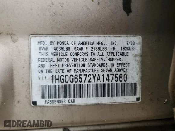 2000 Honda Accord EX with VIN 1HGCG6572YA147560, listed as a Copart auction lot 74680214 with 298,709 mi miles and Salvage title. Bid and sale history available at DreamBid. Image 12.
