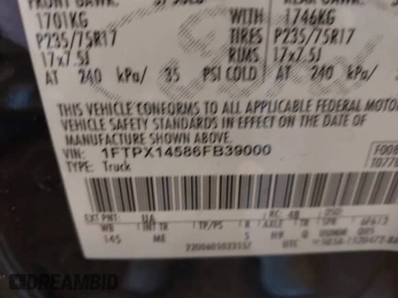 2006 Ford F-150 XLT with VIN 1FTPX14586FB39000, listed as a IAAI auction lot 43523454 with 189,539 mi miles and . Bid and sale history available at DreamBid. Image 9.