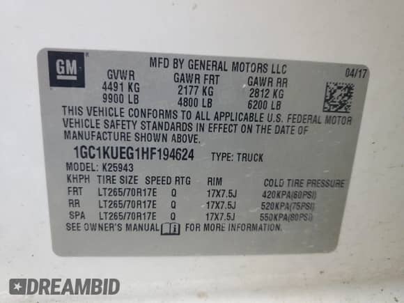 2017 Chevrolet Silverado 2500HD Work Truck with VIN 1GC1KUEG1HF194624, listed as a Copart auction lot 75529174 with 185,153 mi miles and Clean title. Bid and sale history available at DreamBid. Image 12.
