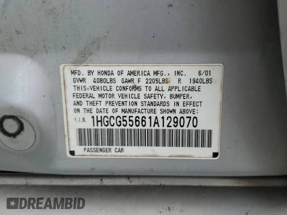 2001 Honda Accord EX с VIN 1HGCG55661A129070, выставлен на аукционе Copart как лот 82315975 с пробегом Не указан миль и Списание • Salvage title. История ставок и продаж доступна на DreamBid. Изображение 12.