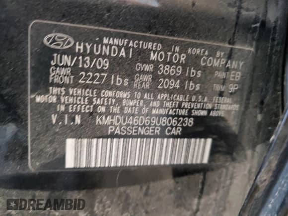 2009 Hyundai Elantra GLS с VIN KMHDU46D69U806238, выставлен на аукционе Copart как лот 82241305 с пробегом 216 497 миль миль и На запчасти • Non repairable. История ставок и продаж доступна на DreamBid. Изображение 12.