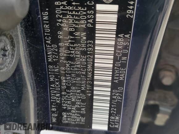 2021 Toyota Camry Hybrid XLE with VIN 4T1F31AK9MU021933, listed as a Copart auction lot 63761875 with 53,904 mi miles and Salvage title. Bid and sale history available at DreamBid. Image 12.