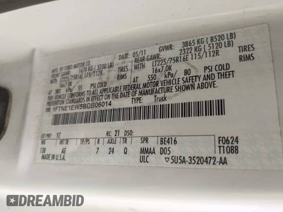 2011 Ford Econoline Cargo Commercial with VIN 1FTNE1EW5BDB06014, listed as a IAAI auction lot 43124379 with 194,797 mi miles and . Bid and sale history available at DreamBid. Image 9.