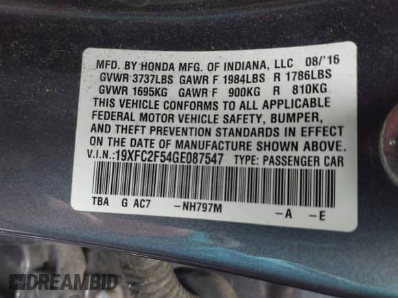 2016 Honda Civic LX with VIN 19XFC2F54GE087547, listed as a IAAI auction lot 43342661 with 179,210 mi miles and . Bid and sale history available at DreamBid. Image 9.