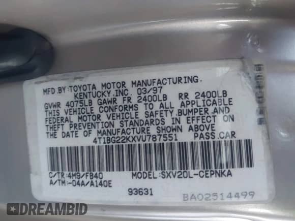 1997 Toyota Camry LE z VIN 4T1BG22KXVU787551, wystawiony jako IAAI lot #43189429 z przebiegiem Nie podano mil oraz . Historia ofert i sprzedaży dostępna na DreamBid. Obrazek 9.