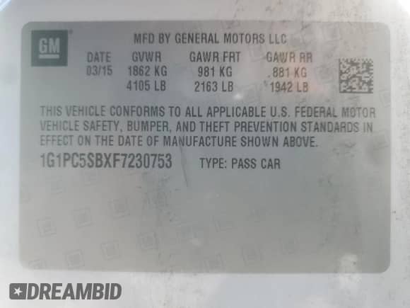 2015 Chevrolet Cruze LT z VIN 1G1PC5SBXF7230753, wystawiony jako Copart lot #81343035 z przebiegiem 84 582 mil mil oraz Szkoda całkowita • Salvage title. Historia ofert i sprzedaży dostępna na DreamBid. Obrazek 13.