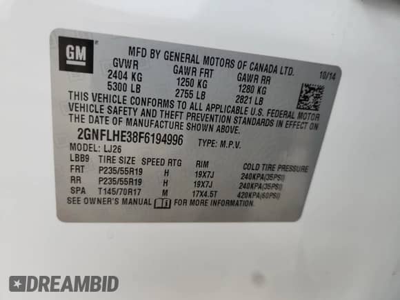2015 Chevrolet Equinox LTZ with VIN 2GNFLHE38F6194996, listed as a Copart auction lot 85720935 with 103,387 mi miles and Salvage title. Bid and sale history available at DreamBid. Image 12.