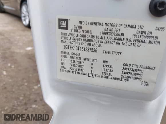 2005 GMC Sierra 1500 SLE with VIN 2GTEK13T151337526, listed as a IAAI auction lot 42642188 with Not provided miles and . Bid and sale history available at DreamBid. Image 9.