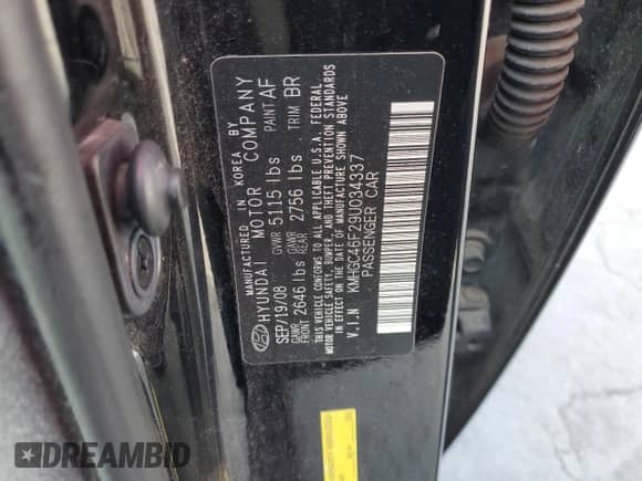 2009 Hyundai Genesis with VIN KMHGC46F29U034337, listed as a Copart auction lot 63147965 with 192,076 mi miles and Salvage title. Bid and sale history available at DreamBid. Image 12.