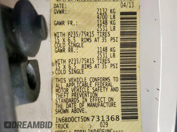 2013 Nissan Frontier S with VIN 1N6BD0CT5DN731368, listed as a Copart auction lot 85356655 with 133,748 mi miles and Salvage title. Bid and sale history available at DreamBid. Image 13.